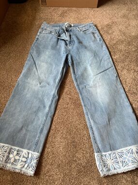 CHARLIE B Light Blue Wide-Leg Jeans with Crochet Hem